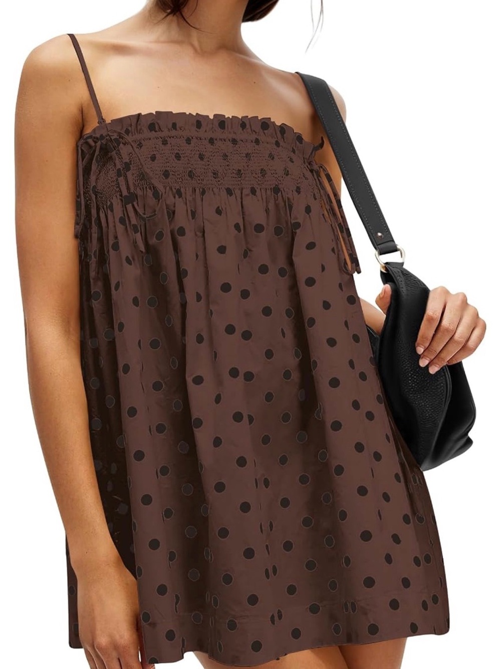 AIHUKOCY Brown Polka Dot Smocked Spaghetti Strap Mini Dress L